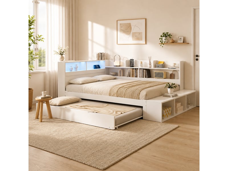 Lit combiné 120 x 200 cm en bois avec lit gigogne 90 x 190 cm, rangements, led, port de charge et banquette, blanc Bliss Lite - Conforama B