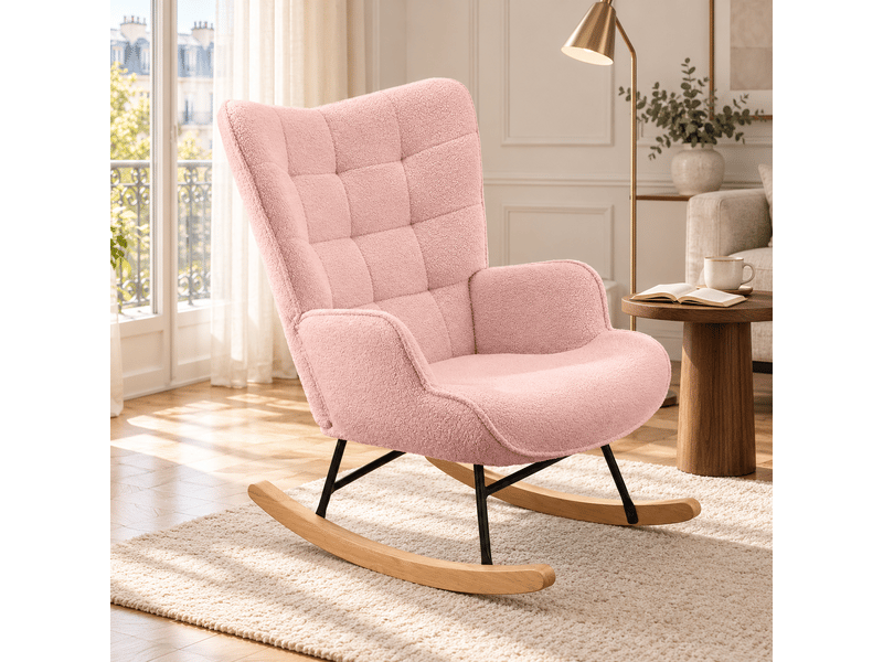  Chaise à bascule, fauteuil a bascule avec polaire sherpa, allaitement fauteuil pour salon, chambre, balcon, rose  - Conforama A