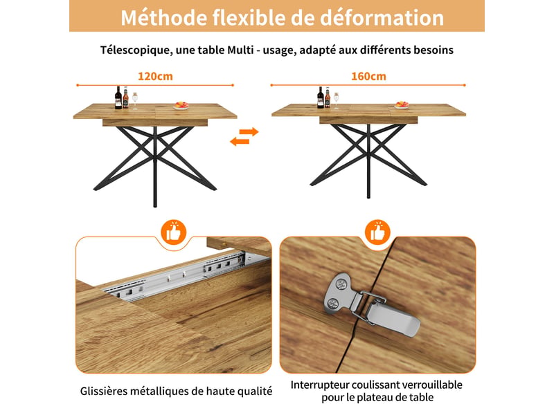  Table à manger extensible noyer,avec 4 chaises,design moderne, confort, solide - mdf et métal - 120-160x68cm  - Conforama B