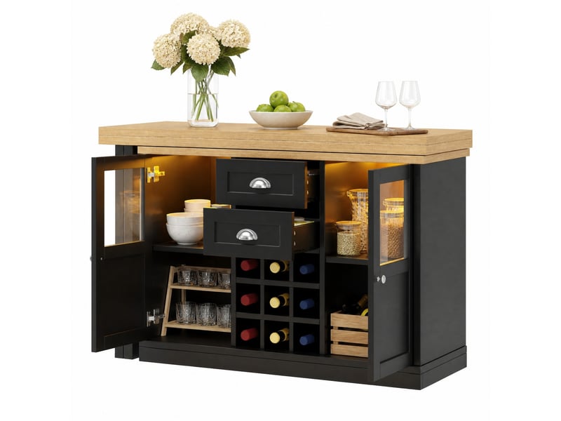  Buffet extensible 120-197x40x72 cm noir en mdf, pivotant 360°, rangement avec cave à vin  - Conforama A