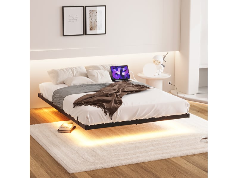  Cadre de lit 140x200 cm effet flottant led station de charge métal noir sans matelas  - Conforama C