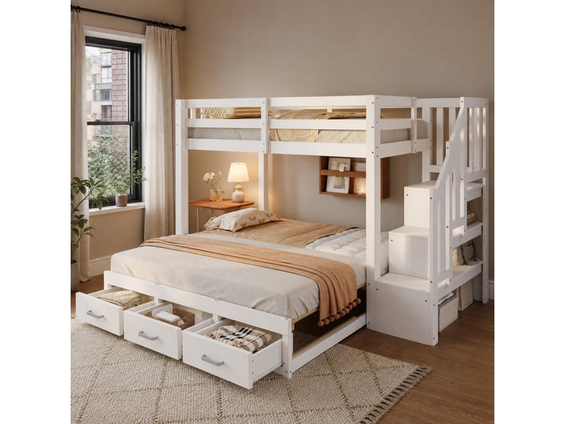  Lit superposé 90x200 cm avec lit gigogne 90180x190 cm, tiroirs et rangements coloris blanc  - Conforama E