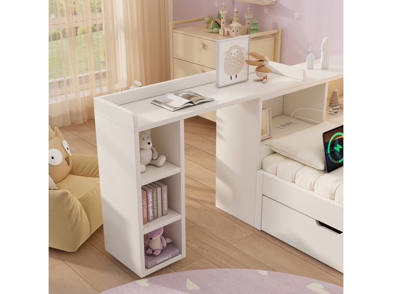 Lit simple 90x200 cm avec lit gigogne 90x190 cm, led et bureau, coloris blanc - Conforama E