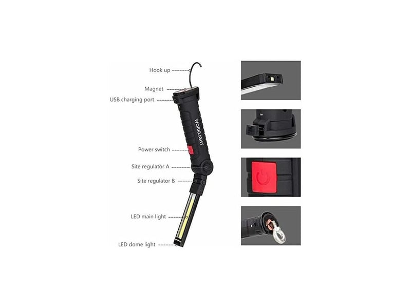 Lampe de travail rechargeable lampe atelier cob torche lampe de poche avec base magnétique 5 modes lumière blancherouge camping lampe pour - Conforama C