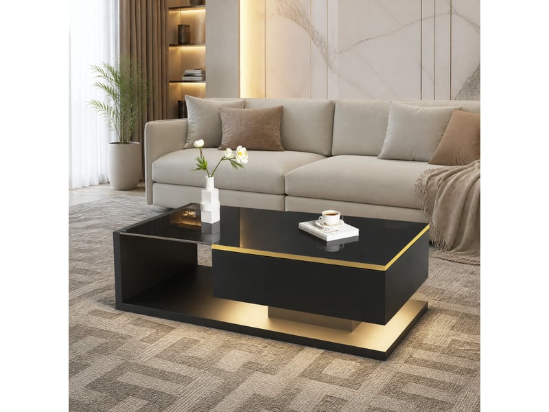  Table basse 100 x 50 cm noire brillante avec verre trempé et led 16 couleurs  - Conforama B