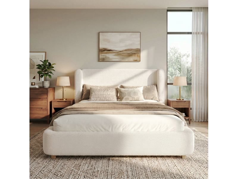 Lit coffre 140x190 cm, lit double en bouclette beige avec sommier, sans matelas - Conforama W