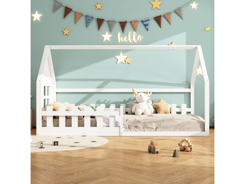  Lit cabane enfant 90x200cm bois pin massif blanc design au sol - lit enfant - sommier lattes inclus cadre maison solide sans matelas  - Conforama B