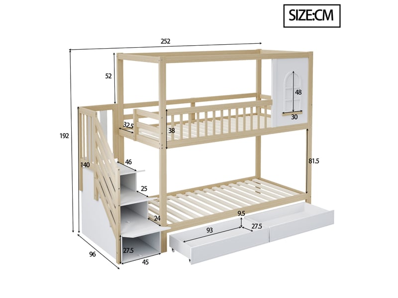  Lit enfant superposé, 90x200 cm, avec fenêtre, échelle protectrice, tiroirs pratiques, bois, coloris naturel et blanc  - Conforama C