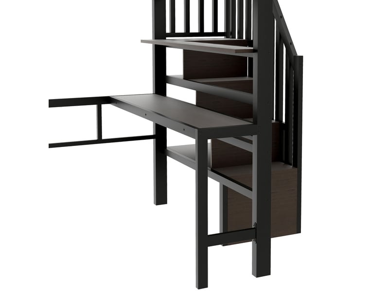 Lit mezzanine 140 x 200 cm, avec bureau, étagère, bande lumineuse led, escalier avec rangements, sans matelas, noir - Conforama E