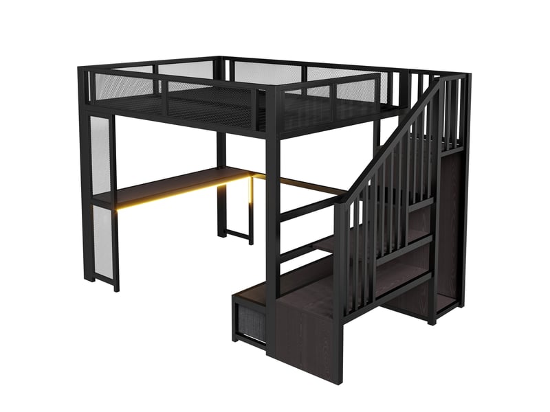  Lit mezzanine enfant 140x200 cm – noir – bureau, escalier avec rangement, led, usb et 3 tiroirs - sans matelas  - Conforama D