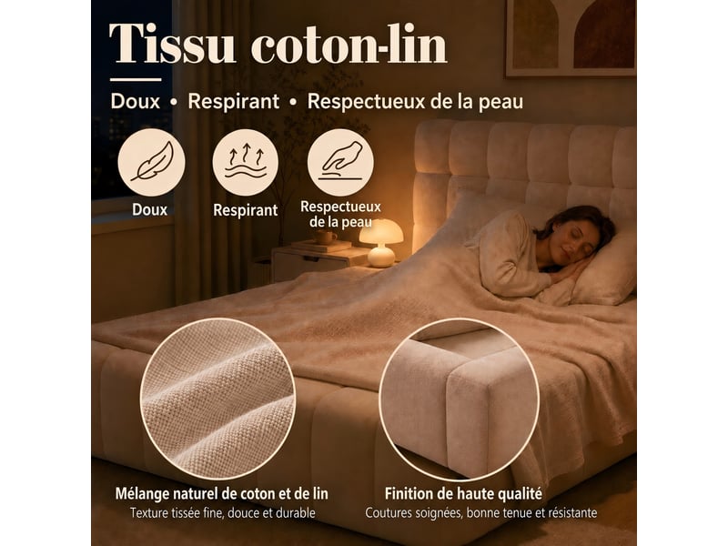 Kefsr lit double capitonné 140x190 cm en lin beige - cadre de lit adulte avec sommier à lattes, tête de lit rembourrée et bords épais, design matelas encastré - Conforama R