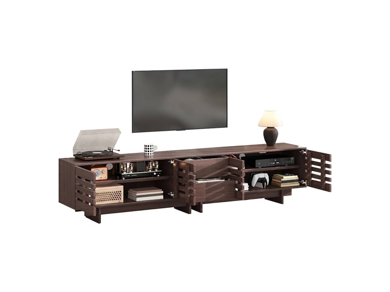  Meuble tv noyer 200 cm avec 4 portes et 2 tiroirs, pour tv jusqu'à 80 pouces  - Conforama A