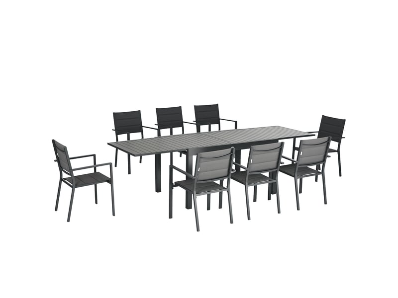 Salon de jardin table extensible 135-270 cm en aluminium et textilène 610 personnes 8 chaises empilables gris - Conforama A