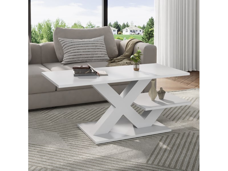  Table basse rectangulaire 100 x 48 x 45 cm en mdf blanc brillant à 2 plateaux  - Conforama B