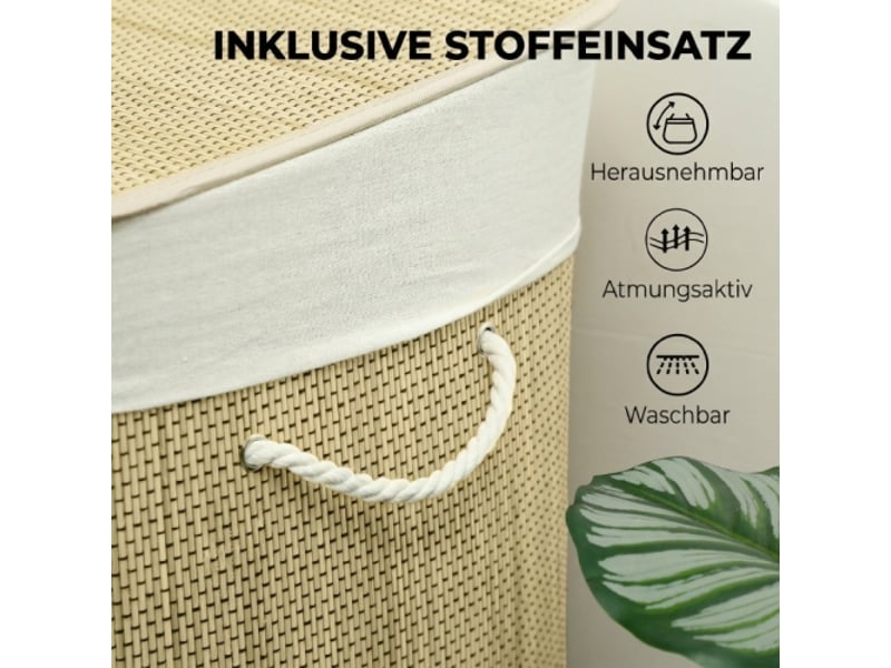  Panier à linge en bambou 144 l avec couvercle, 3 compartiments, poignées en corde et sac amovible  - Conforama E