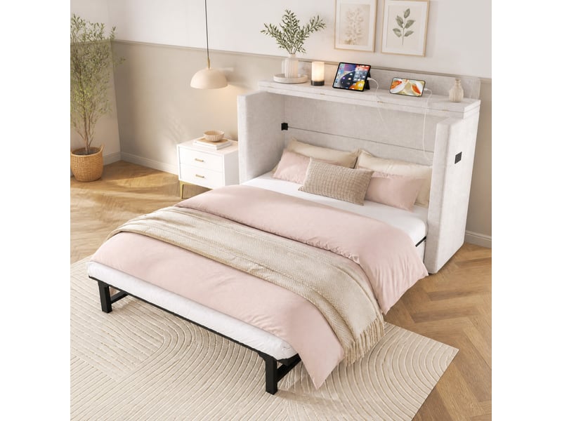  Lit escamotable 140 x 200 cm beige en lin avec tiroir, usb et type-c  - Conforama C