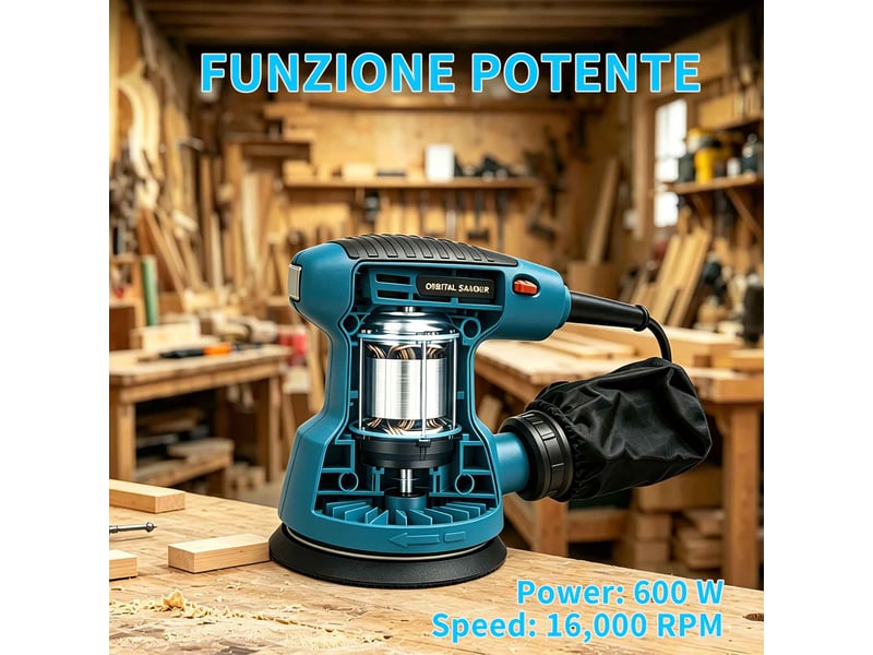Ponceuse orbitale électrique 600w, 16000 rpm, moteur cuivre, poignée ergonomique, sac à poussière, polissage bois et métal, bleu - Conforama D