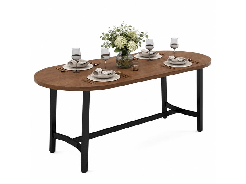  Table à manger 6 à 8 places à coins arrondis - lpospi - pieds en fer, mdf noyer 180 × 80 × 75 cm  - Conforama A
