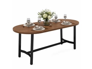 Table à manger 6 à 8 places à coins arrondis - pieds en fer, mdf noyer 180 × 80 × 75 cm
