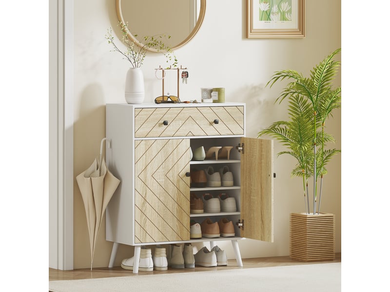  Meuble à chaussures d'entrée avec 2 portes, étagères réglables, tiroir pour 12 paires de chaussures, 75 x 35 x 97 cm, blanc et naturel  - Conforama C