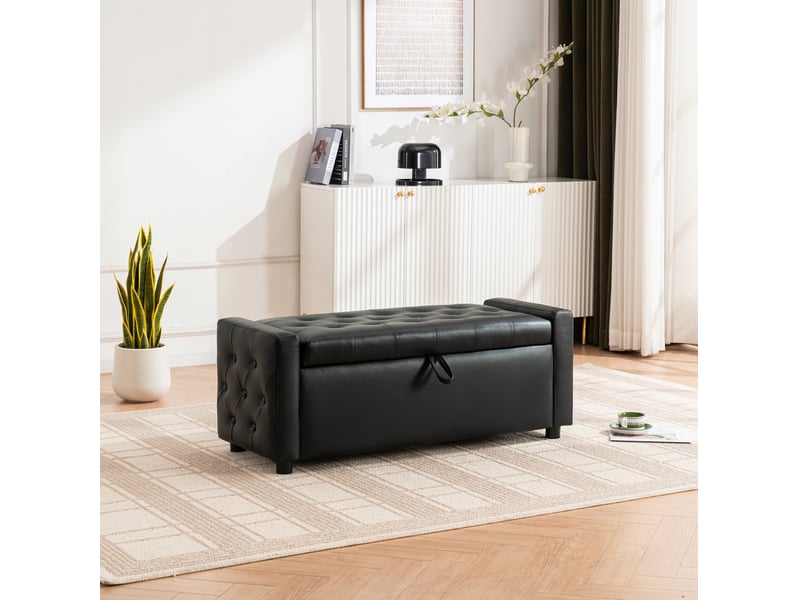  Banc coffre rectangulaire 122x45x47 cm en similicuir noir avec rangement  - Conforama E