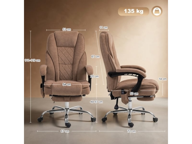  Chaise de bureau ergonomique massante avec repose-pieds, pivotante, à roulettes, marron  - Conforama C