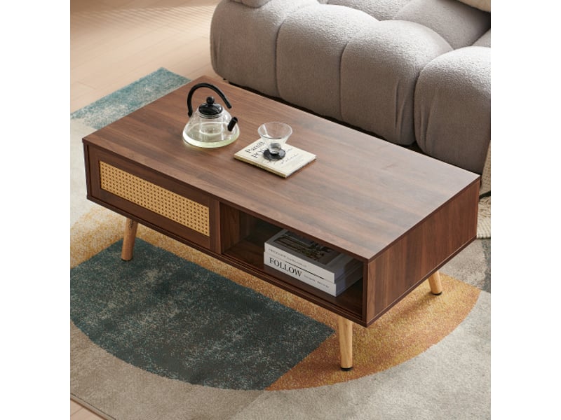 Table basse en osier tressé et table à thé coulissante – pieds bois, salon moderne, noyer foncé, 40×105×55 cm  - Conforama D