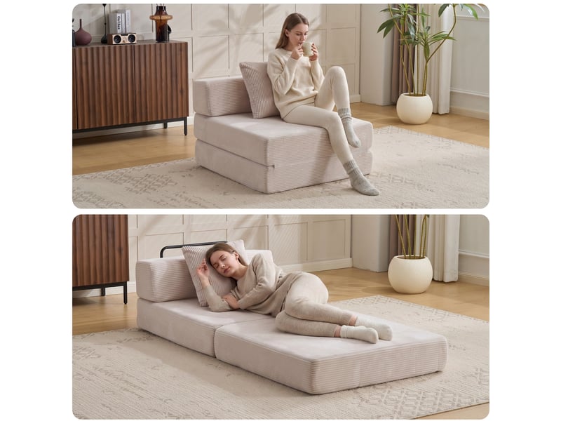  Sofa-lit convertible en canapé de sol avec oreiller et soutien des bras, lit simple convertible en tissu velours blanc pour salon et chambre  - Conforama D