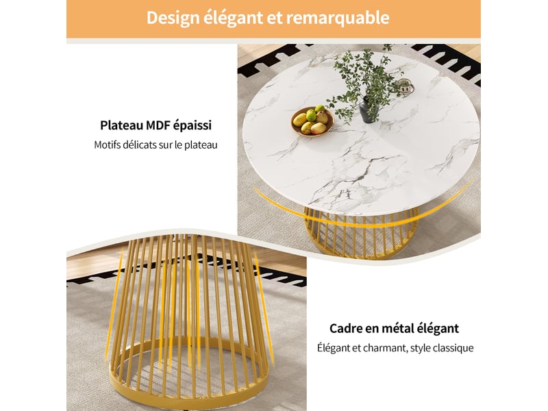  Table ronde, ø 80 cm, table de salle à manger effet marbre pieds, plateau mdf, piètement métal, coloris blanc et doré  - Conforama E