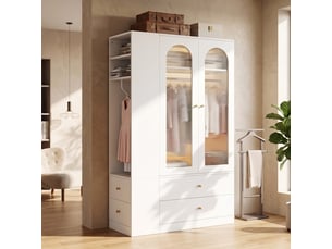 Armoire dressing 120 x 50 x 200 cm, 2 portes vitrées, 4 tiroirs, 2 tringles, mdf et verre, blanc