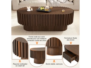 Table basse ovale 100x50x35,5 cm avec 1 tiroir, rangement caché, décor lamelles, salon, effet noyer