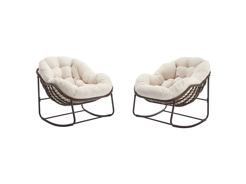 Fauteuil à bascule extérieur 78 x 106 x 90 cm – blanc – rotin synthétique tressé, coussin rembourré - Conforama D