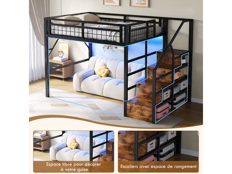  Lit mezzanine 140x200 cm en métal noir et mdf avec led via application, escalier avec rangements et espace libre sous le lit.  - Conforama E