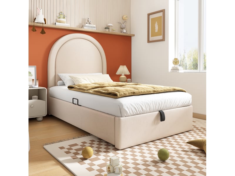  Modenvie lit coffre enfant 90x200 cm - rangement intégré, tête de lit en pu, sans matelas - beige  - Conforama B