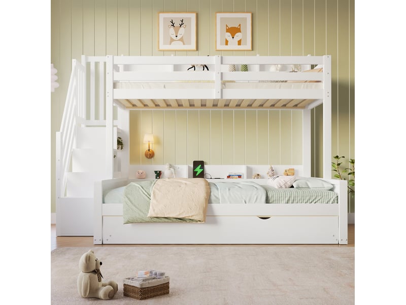  Lit superposé modenvie 90 x 200 cm et 140 x 200 cm avec lit gigogne 90 x 190 cm, rangement et prise usb blanc  - Conforama D