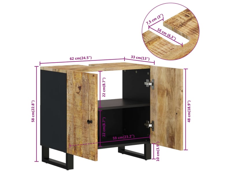  Meuble sous évier, armoire salle de bain 62x33x58 cm bois de manguier et d'ingénierie cf65488  - Conforama E