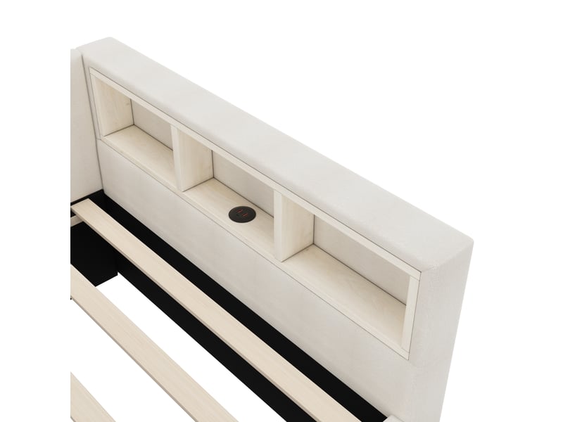  Lit banquette en lin beige 90x200 cm avec lit gigogne - rangement, led et ports usb  - Conforama R