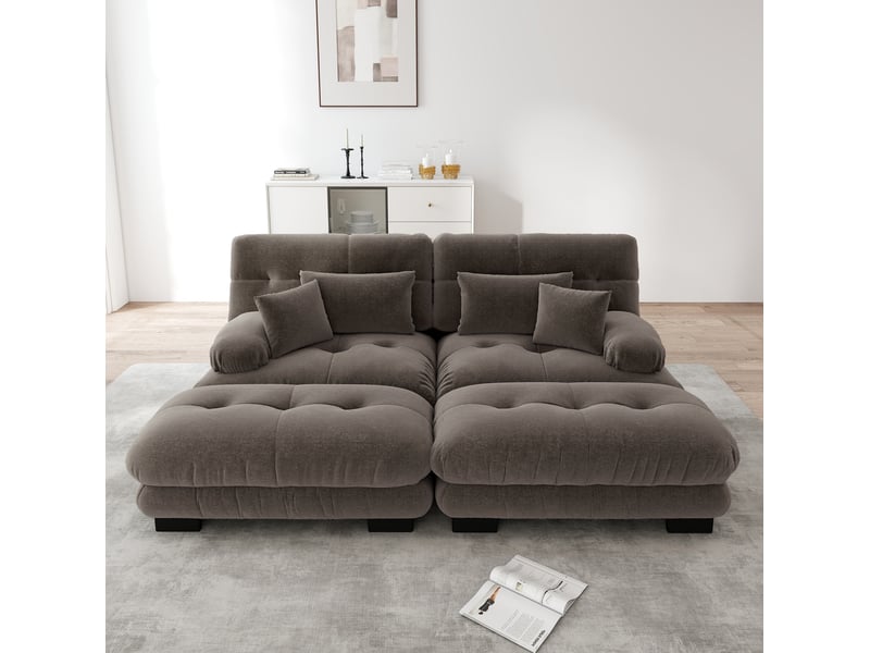  Canapé modulable 2 places cloud en chenille marron avec 2 ottomans  - Conforama B