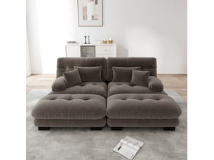 Canapé modulable 2 places cloud en chenille marron avec 2 ottomans