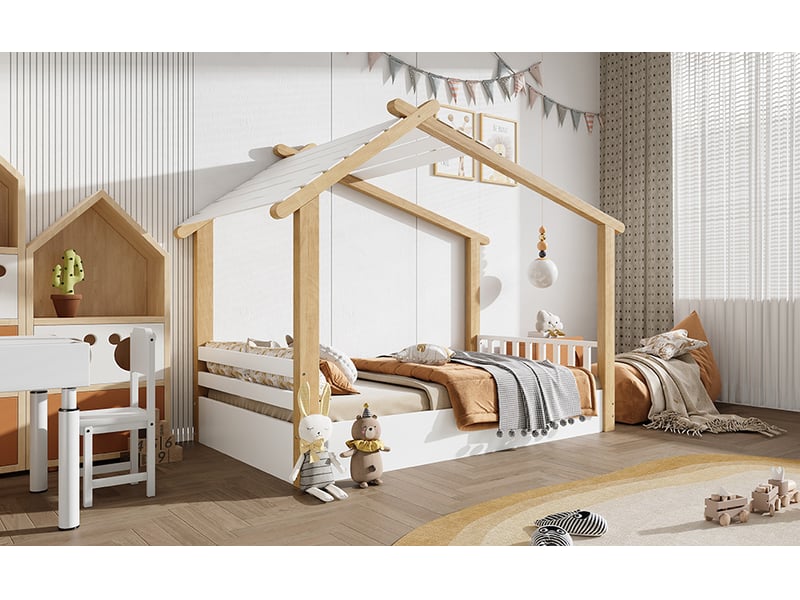  Lit cabane avec toit ouvert et barrières latérales - 90x200cm - cadre en pin et panneaux, sommier à lattes - avec sommier à lattes - blanc et naturel  - Conforama B