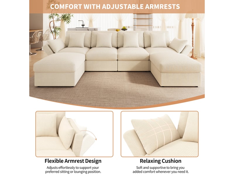  Canapé d’angle en u modulable 6 places 290 x 159,5 x 89 cm avec accoudoirs réglables, 2 poufs amovibles, velours côtelé - beige  - Conforama E