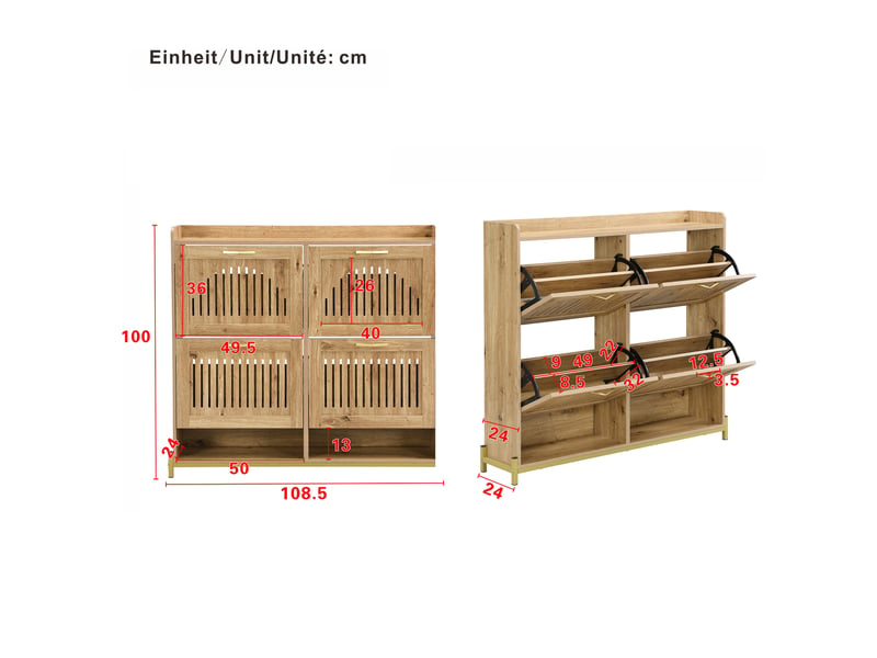  Meuble à chaussures 16 paires l108.5xp24xh100cm | 4 portes persiennes lamelles ajourées et métal | plateau rebord - naturel DreamMespace - Conforama E