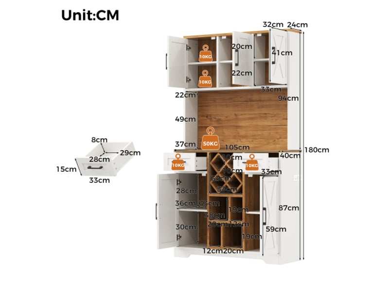  Buffet haut led cuisine avec cave à vin et vitrine – armoire de rangement 180×105×40 cm, meuble salon &amp; salle à manger  - Conforama C