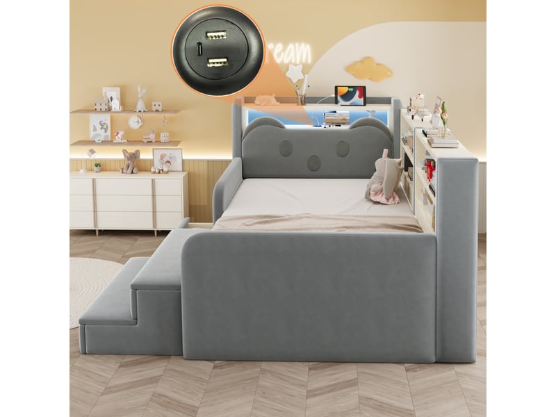 Lit enfant 90x200 cm rembourré en velours avec tête de lit rangement, tiroir, banc amovible, led et usb - beige - Conforama E