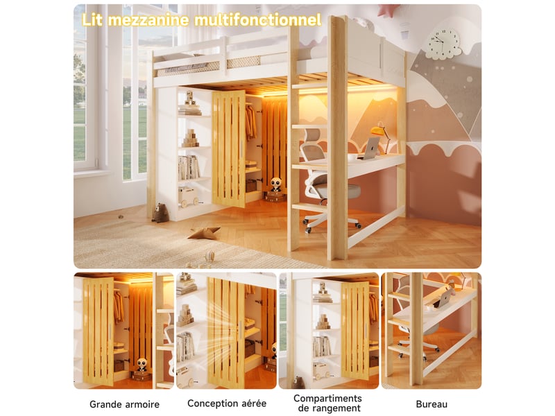  Lit mezzanine 140x200 cm avec bureau armoire led et étagères lit enfant avec échelle en pin et mdf blanc bois naturel BUYDEEMEUS - Conforama D