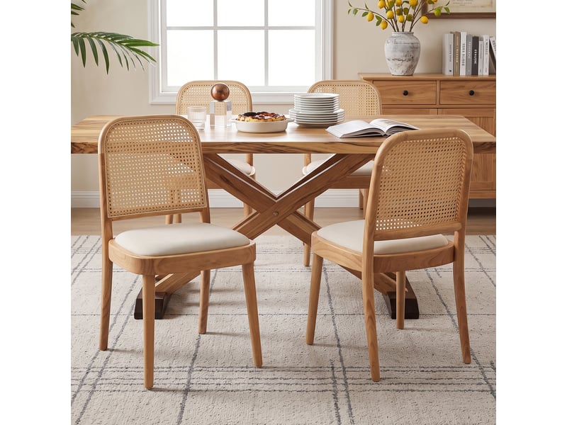  Chaises de salle à manger lot de 4 avec dossier tressé  - bois massif, lin - bois naturel  - Conforama C