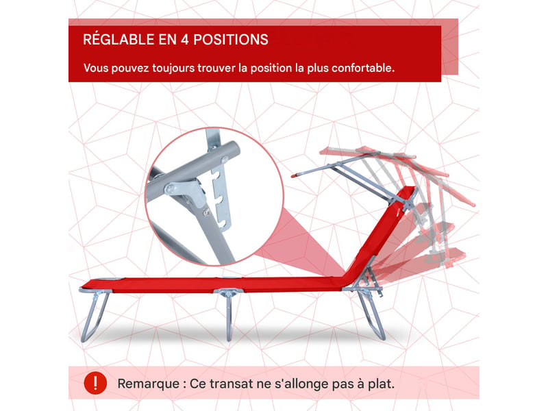  Transat de jardin pliable avec pare-soleil 4 positions rouge 187 x 58 x 36 cm  - Conforama D