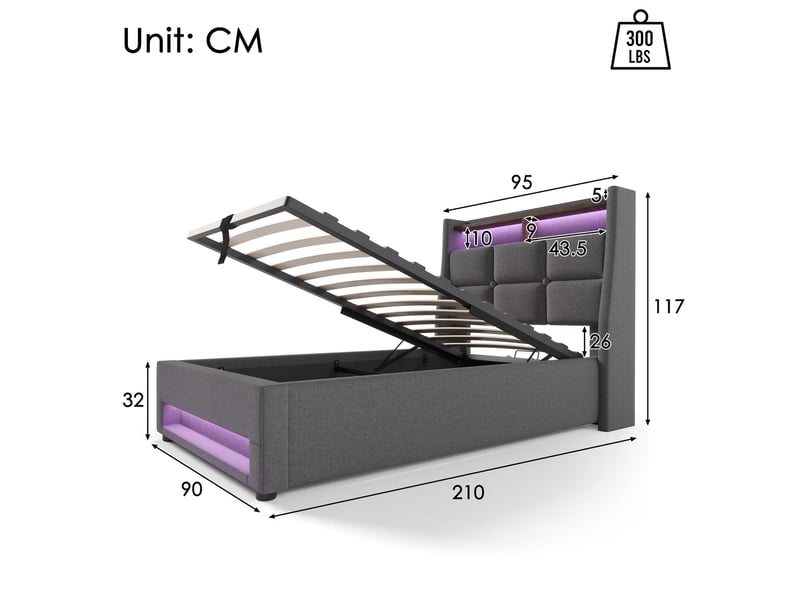  Lit coffre led 90x200 cm, 2 ports usb, tête de lit avec étagère, sommier relevable, tissu gris C-DEGAYUN - Conforama C