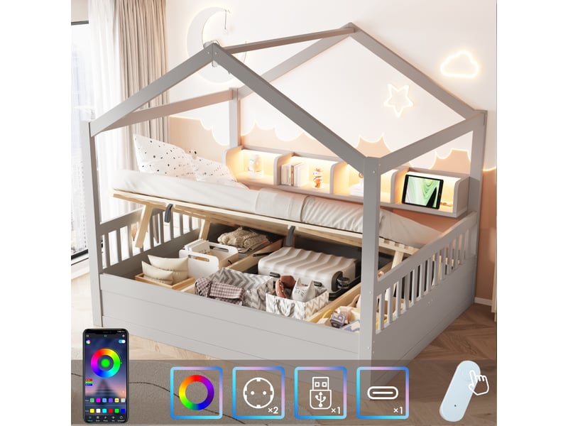  Lit cabane 140x200 cm avec toit, rangement hydraulique, led et prises usb, lit enfant en bois avec garde-corps, étagères intégrées - gris  - Conforama E