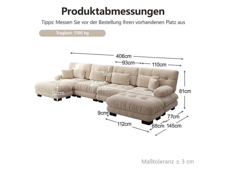 Canapé modulable modenvie panoramique 4 places en chenille café clair 406 x 145 x 81 cm - Conforama C